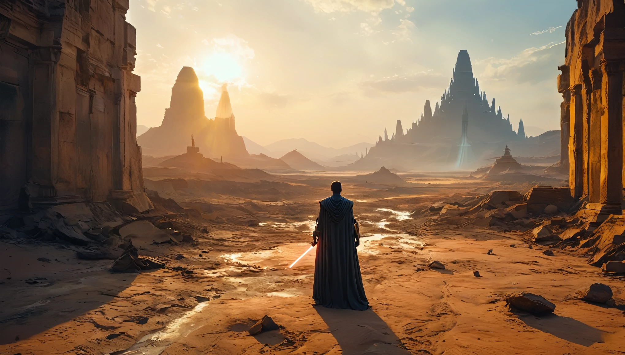 View a vast desert landscape bathed in golden twilight, evoking the iconic Star Wars look. No centro da cena, a Jedi in a flowing cape stands silhouetted against the orange sky, your glowing blue lightsaber in your hand, pronto para enfrentar qualquer desafio. The ruins of an ancient civilization rise majestically in the background, and the remains of a fallen AT-AT adorn the landscape. The atmosphere is charged with expectation, as if an epic battle was about to begin.hyper realistic composition,32k resolution,cinematic composition,cinematic color grading.photography whit Phaseone 85mm,death of field lens.