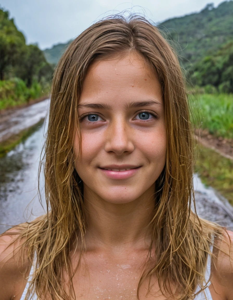 Foto HDR de una hermosa joven con cabello rubio desordenado, peinado desordenado, Bob desordenado, peinado desordenado, rubio blanco, 5 pies 3 pulgadas de alto, 110 libras de peso, senos 34G, pechos grandes, firmes y redondos, pechos muy grandes, escote, deep escote, Ojos cerrados, pezones, sonriente, top blanco con tirantes finos y tanga, ropa ajustada, sonrisa leve, De pie en un frondoso camino rural bajo la lluvia, lloviendo, piel mojada, by damp, neblinoso, Lluvia neblinosa, charco de agua, reflection . High dynamic range, Vivid, ricos detalles, sombras y luces claras, realista, intense, contraste mejorado, muy detallado