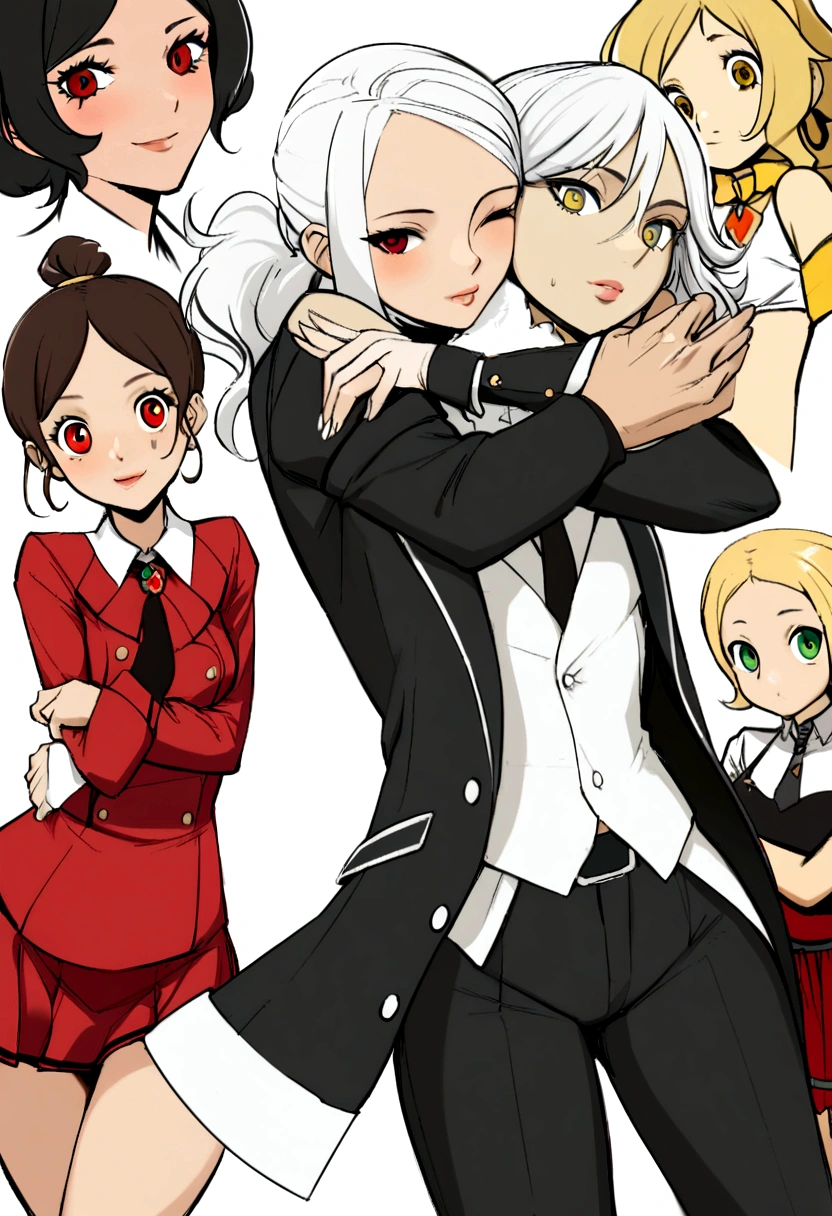 Chica de pelo suelto de color Negro, piel medio morena, ojos cafes, red skirt and white shirt with tie hugging a white-haired boy with a small ponytail and light skin, ojos cafes,pantalon negro con corbata amarilla con rojo y que ellos sean pareja y que la chica le de un beso en la mejilla al chico