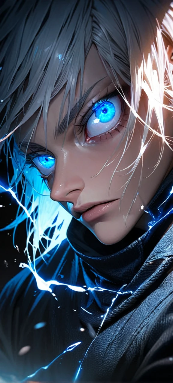  High quality, ultra realistic,absurdres, highres, ultra detailed, HDR, masterpiece, extremely detailed face and eyes,  Gojo satoru , jujutsu kaisen,, white hair ,black shirt , solo, ,man, handsome, ,white eyeleshes, blue eyes , Epic fight scene, blue splashing effect,blue lightning  effect,glowing glitters , close up,cool eyes, symetrical 