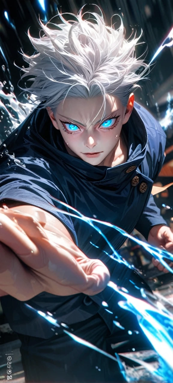 High quality, ultra realistic,absurdres, highres, ultra detailed, HDR, masterpiece, extremely detailed face and eyes, Gojo satoru , jujutsu kaisen,, white hair ,black shirt , solo, ,man, handsome, ,white eyeleshes, blue eyes , Epic fight scene, blue splashing effect,blue lightning effect,glowing glitters , close up,cool eyes, symetrical