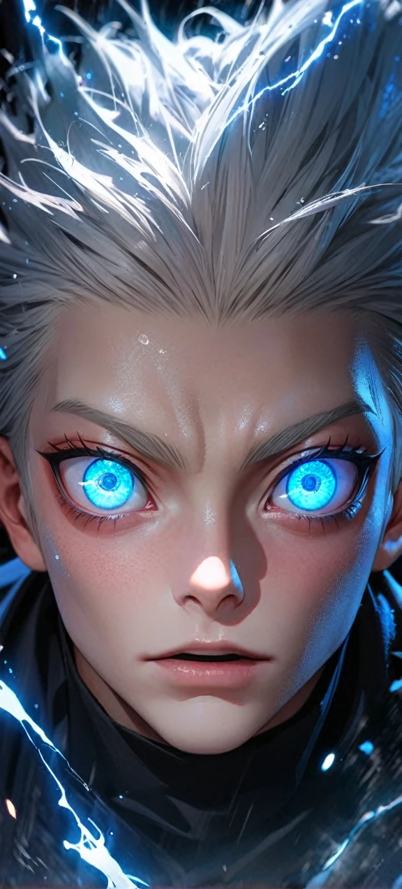  High quality, ultra realistic,absurdres, highres, ultra detailed, HDR, masterpiece, extremely detailed face and eyes,  Gojo satoru , jujutsu kaisen,, white hair ,black shirt , solo, ,man, handsome, ,white eyeleshes, blue eyes , Epic fight scene, blue splashing effect,blue lightning  effect,glowing glitters , close up,cool eyes, symetrical 