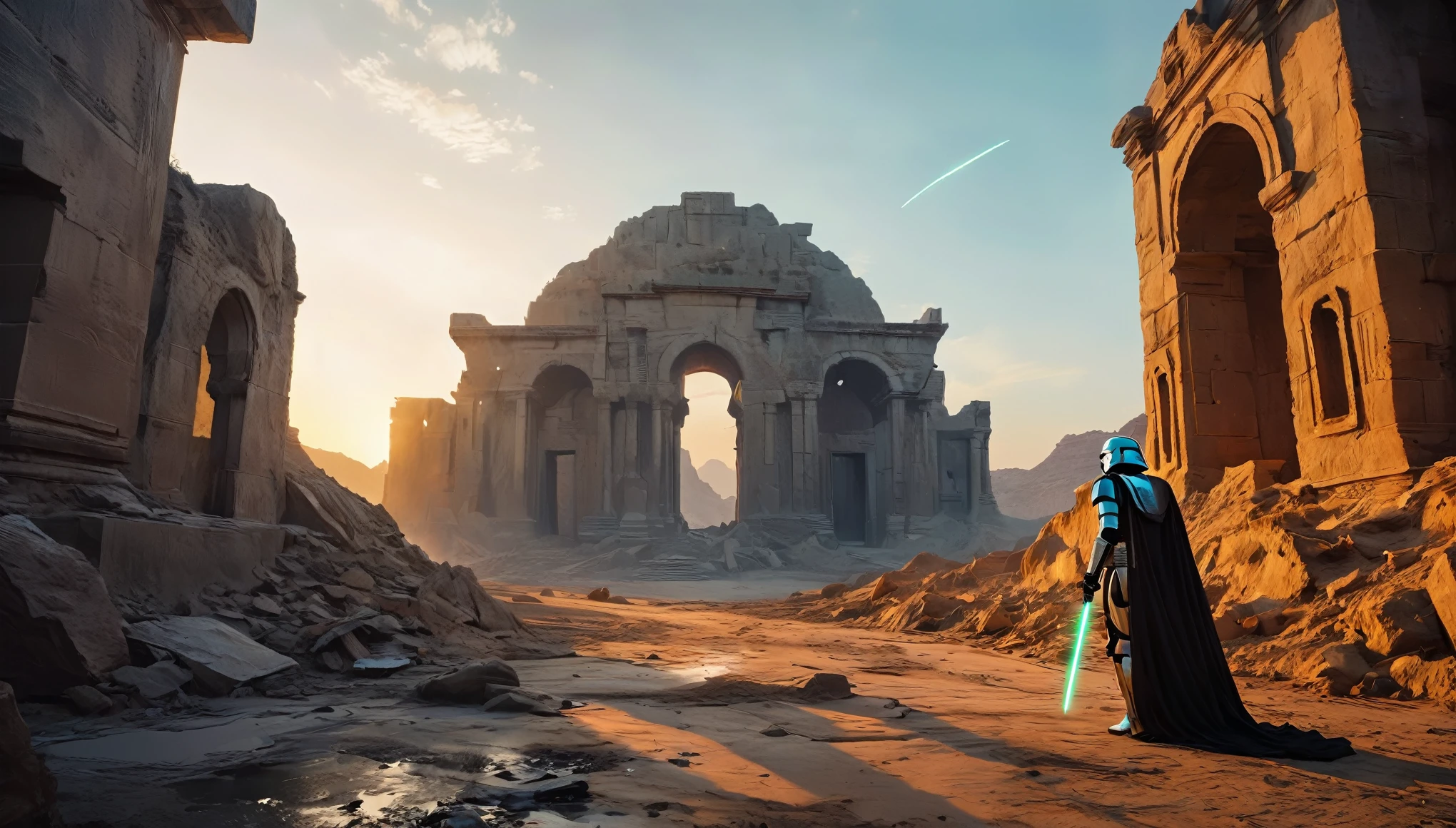 View a vast desert landscape bathed in golden twilight, evoking the iconic Star Wars look. No centro da cena, a Jedi in a flowing cape stands silhouetted against the orange sky, your glowing blue lightsaber in your hand, pronto para enfrentar qualquer desafio. The ruins of an ancient civilization rise majestically in the background, and the remains of a fallen AT-AT adorn the landscape. The atmosphere is charged with expectation, as if an epic battle was about to begin.hyper realistic composition,32k resolution,cinematic composition,cinematic color grading.photography whit Phaseone 85mm,death of field lens.
