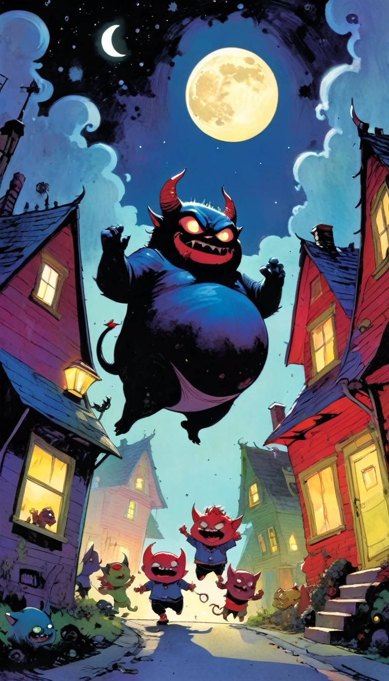 a fat police demon chases some demon children through the streets of the town of funny little demons, impressive landscape, funny little demons, magical, fantastic, night sky, moon, stars, cute, adorable, background, (demon houses (inspired art in Skottie Young and Bill Sienkiewicz).
