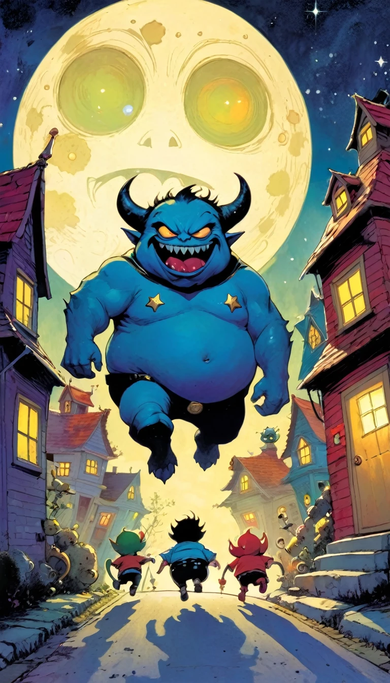 a fat police demon chases some demon children through the streets of the town of funny little demons, impressive landscape, funny little demons, magical, fantastic, night sky, moon, stars, cute, adorable, background, (demon houses (inspired art in Skottie Young and Bill Sienkiewicz).