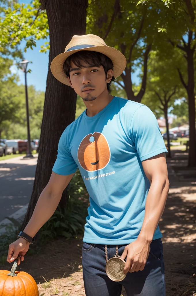 light mulatto man short dark brown hair with a sky blue fisherman's hat wearing a pumpkin shirt with @detectorismoradical written on his chest, under a tree with a treasure chest buried in its roots with old coins lying on the ground and a metal detector leaning against the tree, realistic photo 4k cyberpank style