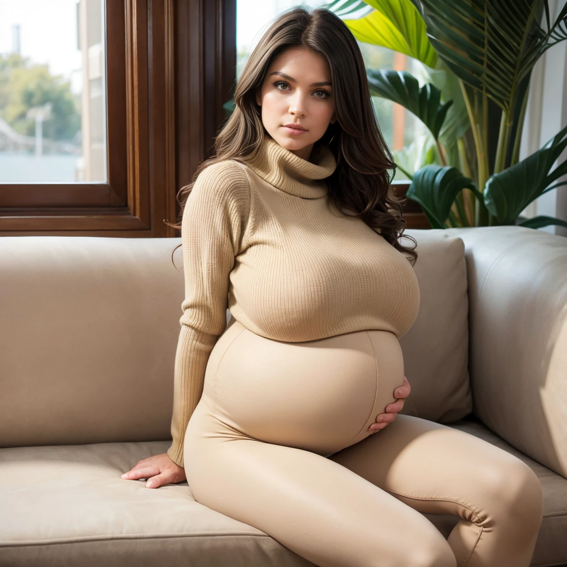 (pregnant) Extremely busty thin and toned brunette photographer, college girl, fair skin, curls, soft face, athletic, (beige sweater), (black leggings). Sitting on a couch, living room, windows, fish tank