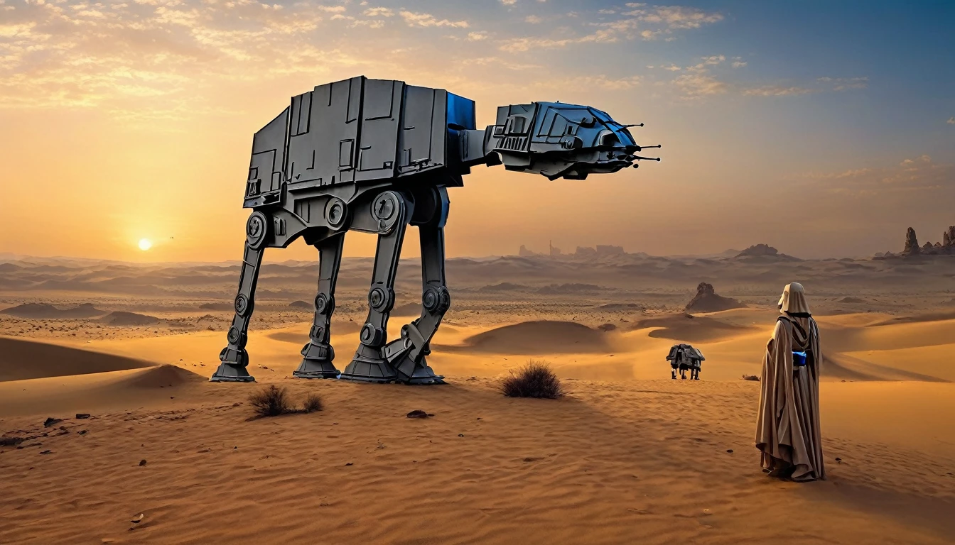 View a vast desert landscape bathed in golden twilight, evoking the iconic Star Wars look. No centro da cena, a Jedi in a flowing cape stands silhouetted against the orange sky, your glowing blue lightsaber in your hand, pronto para enfrentar qualquer desafio. The ruins of an ancient civilization rise majestically in the background, and the remains of a fallen AT-AT adorn the landscape. The atmosphere is charged with expectation, as if an epic battle was about to begin.hyper realistic composition,32k resolution,cinematic composition,cinematic color grading.photography whit Phaseone 85mm,death of field lens.
