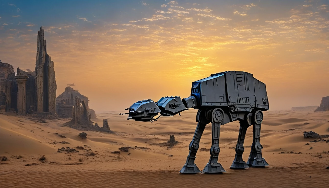 View a vast desert landscape bathed in golden twilight, evoking the iconic Star Wars look. No centro da cena, a Jedi in a flowing cape stands silhouetted against the orange sky, your glowing blue lightsaber in your hand, pronto para enfrentar qualquer desafio. The ruins of an ancient civilization rise majestically in the background, and the remains of a fallen AT-AT adorn the landscape. The atmosphere is charged with expectation, as if an epic battle was about to begin.hyper realistic composition,32k resolution,cinematic composition,cinematic color grading.photography whit Phaseone 85mm,death of field lens.