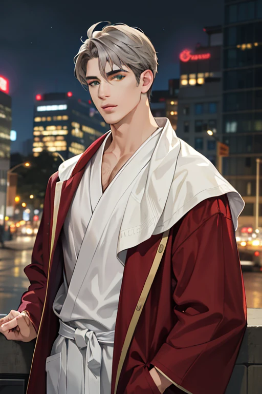 (absurd, high resolution, super detailed, realistic,), 1 male, soloist, adult, mature, tall muscular face, wide shoulders, handsome, large hair, gray hair, green eyes, angular chin, thick neck, thick eyebrows, night, dark, night view from the city background, bathrobe, upper body