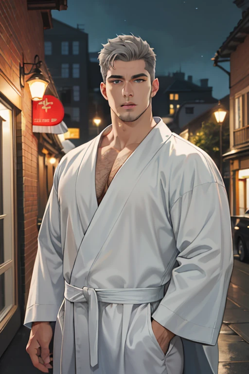 (absurd, high resolution, super detailed, realistic,), 1 male, soloist, adult, mature, tall muscular face, wide shoulders, handsome, large hair, gray hair, green eyes, angular chin, thick neck, thick eyebrows, night, dark, night view from the city background, bathrobe, upper body