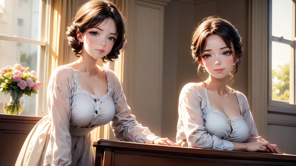 Young haughty lady in white old fashioned dress, looking at the camera; face highlighted by the window sunlight; the background is vintage in a ancient and large house with a lot of flowers and a beatiful golden piano; masterpiece; ultra hd, 4k, 8k