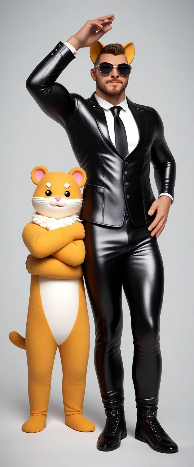 score_9, score_8_up, score_7_up, rating_safe,source_furry,anthro,source_3D, two male muscular hamster and cat (fursuit version) standing back-to-back pose and looking at the viewer and folds arms across his chest (leather suit, tie, sunglasses, patent leather shoes) (ultra realistic almost looking like a human being)