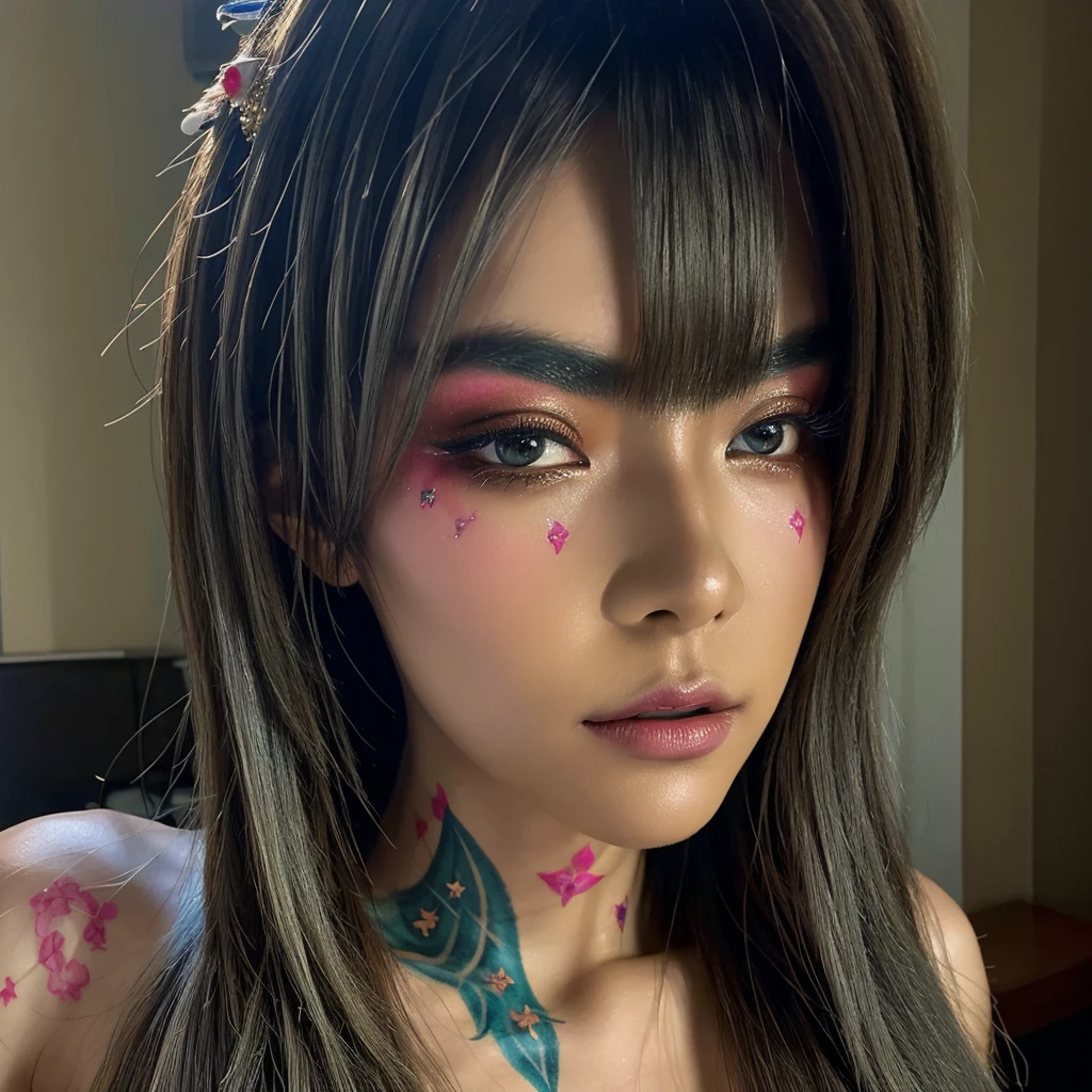 A stunningly detailed photorealistic portrait of a gorgeous elf-human supermodel, skillfully painted with watercolor, ink, and pastel. The model showcases a unique hairstyle reminiscent of ukiyo-e art, adorned with intricate cyber noir body paint. Her face is accentuated by dark elf make-up, giving her an ethereal and mystical look. The background is a blend of conceptual art, suggesting a futuristic urban landscape with a touch of the supernatural. The overall atmosphere is both enchanting and mysterious., photo, ukiyo-e, conceptual art, cinematic