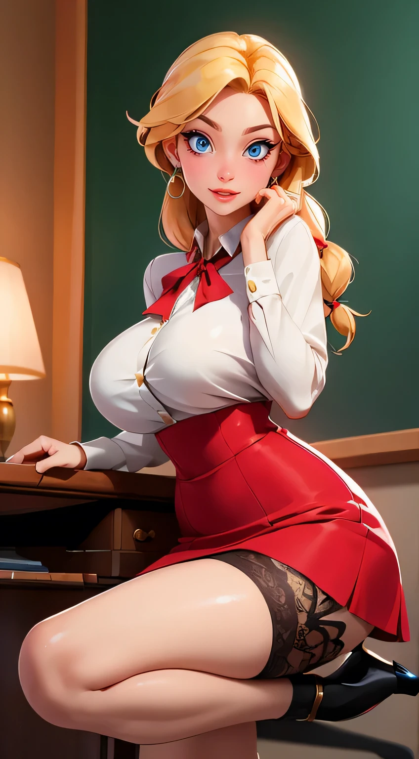 woman, ((Masterpiece, best quality)), full body view, bursting huge breasts, detailed skin, Anna from Frozen as a teacher, in class room, high heels, stockings, Elegant teacher outfit, over the knee skirt, highly detailed, cinematic lighting, ultra realistic, blush, looking at viewer, anna, anna from movie