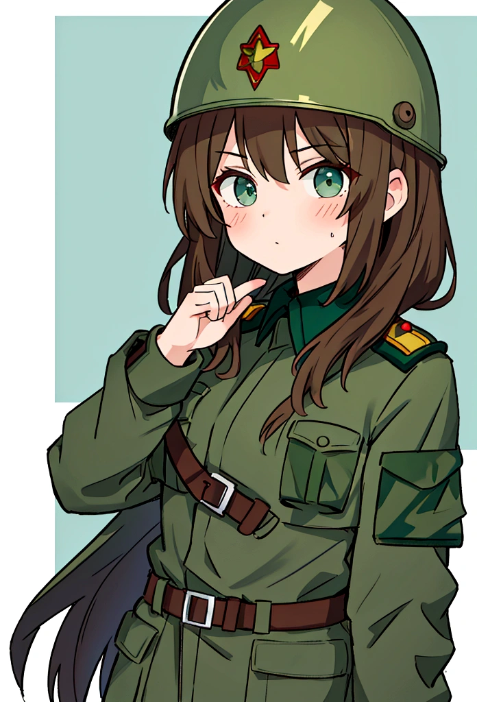 A brown haired soldier girl, ojos azules y piel blanca, with a green helmet and a Soviet light green jacket, soviet soldier girl