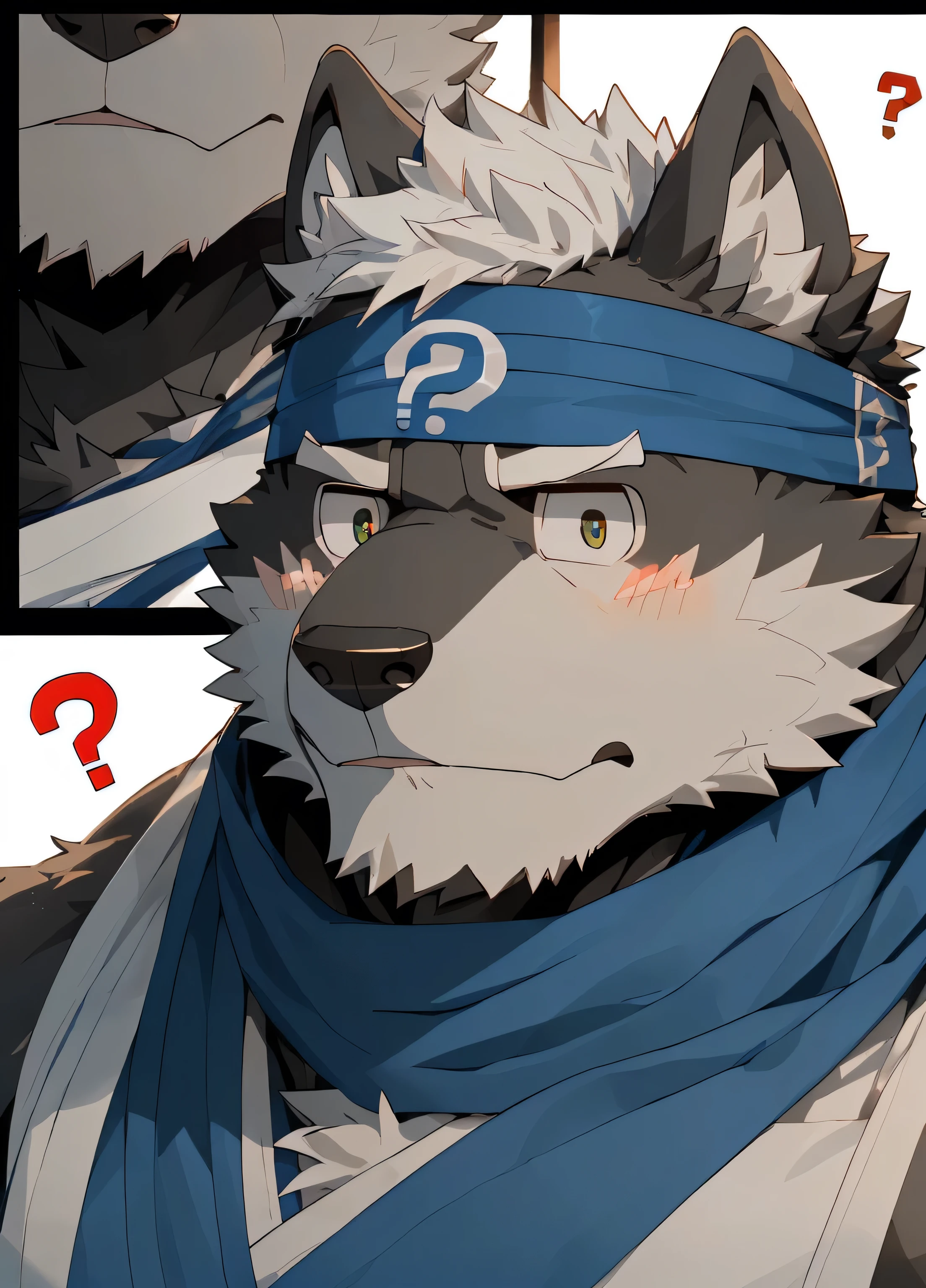 (masterpiece),(Very detailed),(best quality),hairy,Wolf,Dark black fur,white hair,Gray pupil,Muscular,(Japan samurai attire),((blue scarf)),((Brown headband)),(blush:1.1),(A puzzled expression:1.2),((question mark:1.3)),((Ultra HD close-up:1.4)),8K,(high quality),(Ultra high quality),(Super detailed),(Best Works)