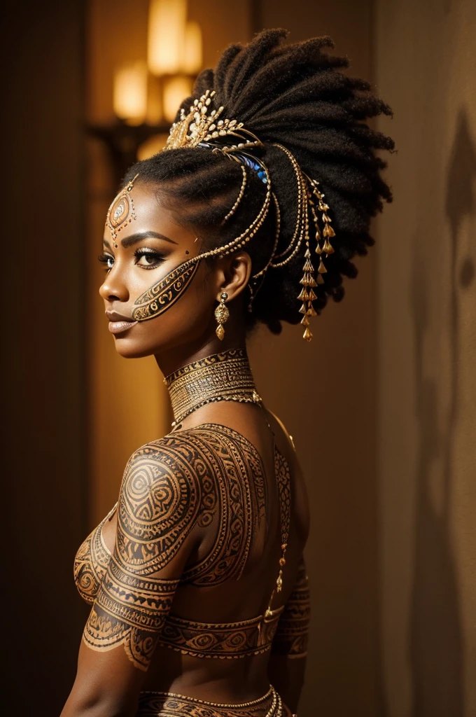 Check out the image prompt here.
Create a breathtaking masterpiece: a full-body portrait of an elegant woman adorned in intricate tribal body paint and a captivating tribal costume. Pay meticulous attention to her facial features, crafting sharp, piercing eyes and achieving an unparalleled level of detail, resulting in a photorealistic representation that truly captivates the viewer. backside