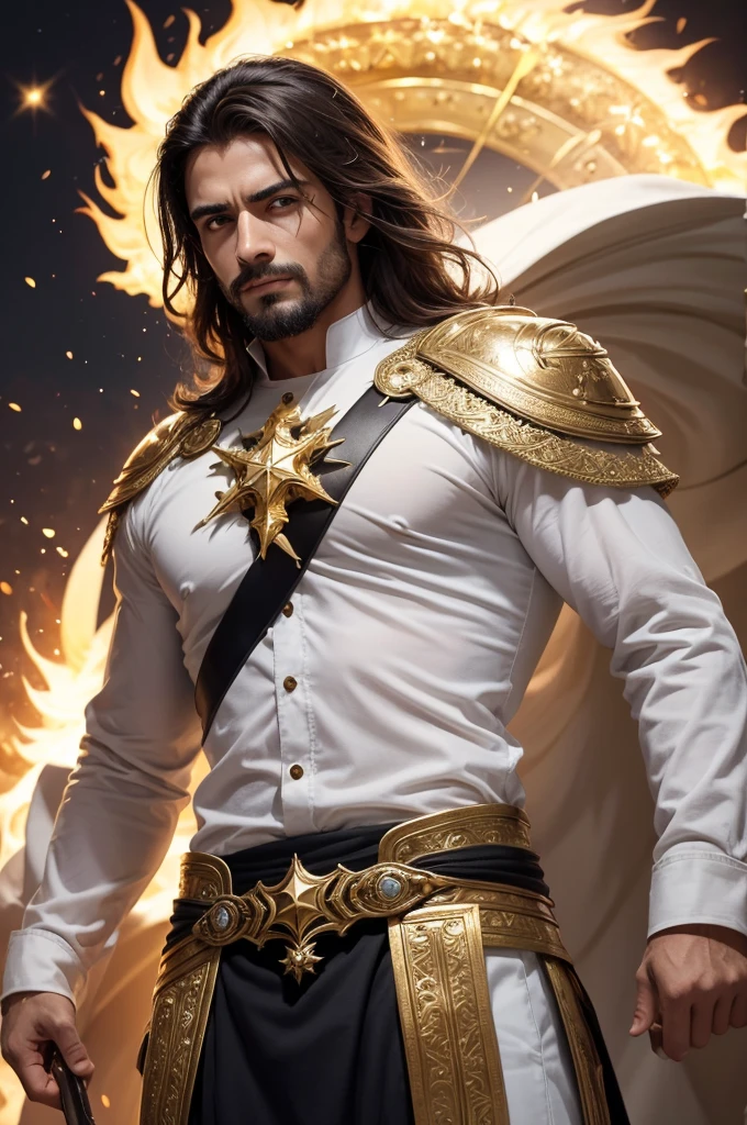 Deus homem judeu, wearing a garment that reached to the feet and with a gold band around the chest, cabelos brancos como a neve,  olhos brilhantes como o fogo, the feet shined like refined and polished bronze, In his right hand he held seven stars, and out of his mouth came a sharp sword, o seu rosto brilhava como o sol.