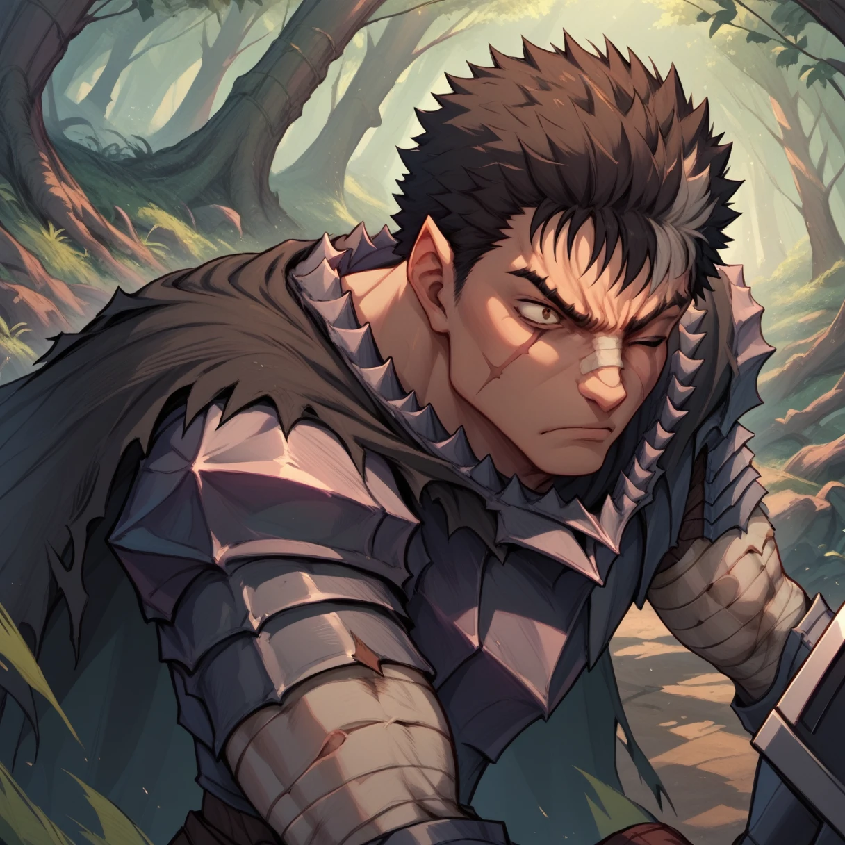 score_9, score_8_up, score_7_up, YujiroHanma, 1boy, male focus, solo, solo, guts \(berserk\), angry, sword on back, Guts_Armor, brown eyes, short hair, spiked hair, (black armor:1.1), full_armor, shoulder armor, gauntlets, pauldrons, greaves, bandaged arm, black cape, torn cape, scar on nose, one eye closed, muscular male, huge weapon, forest setting