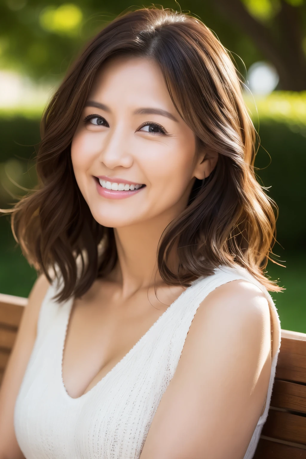 最high quality, In 8K, Masseter muscle area, Lifelike, Sharp focus, high quality, High resolution, Detailed face, Detailed eyes, Thick lips, Background Blur, solo, Middle-aged women, Chubby, 55 years old, , Medium long wavy hair, Cleavage, Wearing a plain short-sleeved knit, Sitting on a park bench, Wrinkles around the eyes, Toothy smile
