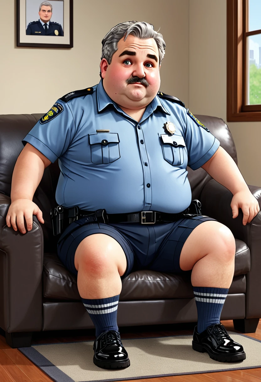 Old Caucasian police officer, round chubby face, no jawline, grey hair, male, fat, chubby, short hair, wearing dirty socks, only wearing socks, leaking cum, cum everywhere, smelly socks, sweaty, stench coming from socks, sitting on couch, feet propped up on table, stinky socks, grey pubes