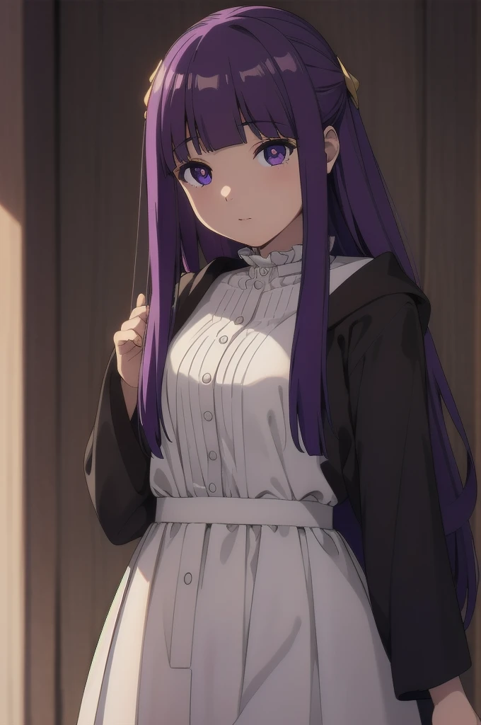 Is,One girl,alone,Purple hair,Long Hair,Purple eyes,Blunt bangs,Side Lock,Half Up,Bright Eyes,
hair ornaments,Ruffled collar,Black Robe,White Dress,Center frill,button,Wide sleeves,Long sleeve,Curvy,Cowboy Shot,, Amazing visuals, High resolution,masterpiece,Highest quality,, 20-year-old,young woman,Beautiful refers to,Beautiful long legs,Beautiful body,Beautiful nose,Beautiful character design, Perfect Eyes, perfect face,Expressive eyes,
View your viewers,
Official Art,Highly detailed CG Unity 8k wallpaper, Perfect lighting,colorful, bright_front_face_Lighting,Shiny skin, 
(masterpiece:1.0),(Highest_quality:1.0), 超High resolution,4K,Super detailed,
photograph, 8k, High resolution, High resolution, Absurd:1.2, 400 for Kodak Port, Film Grain, Blurred Background, Bokeh:1.2, Lens flare, (Vibrant_color:1.2), (beautiful_face:1.5),(narrow_Waist), ,Browsing Caution,