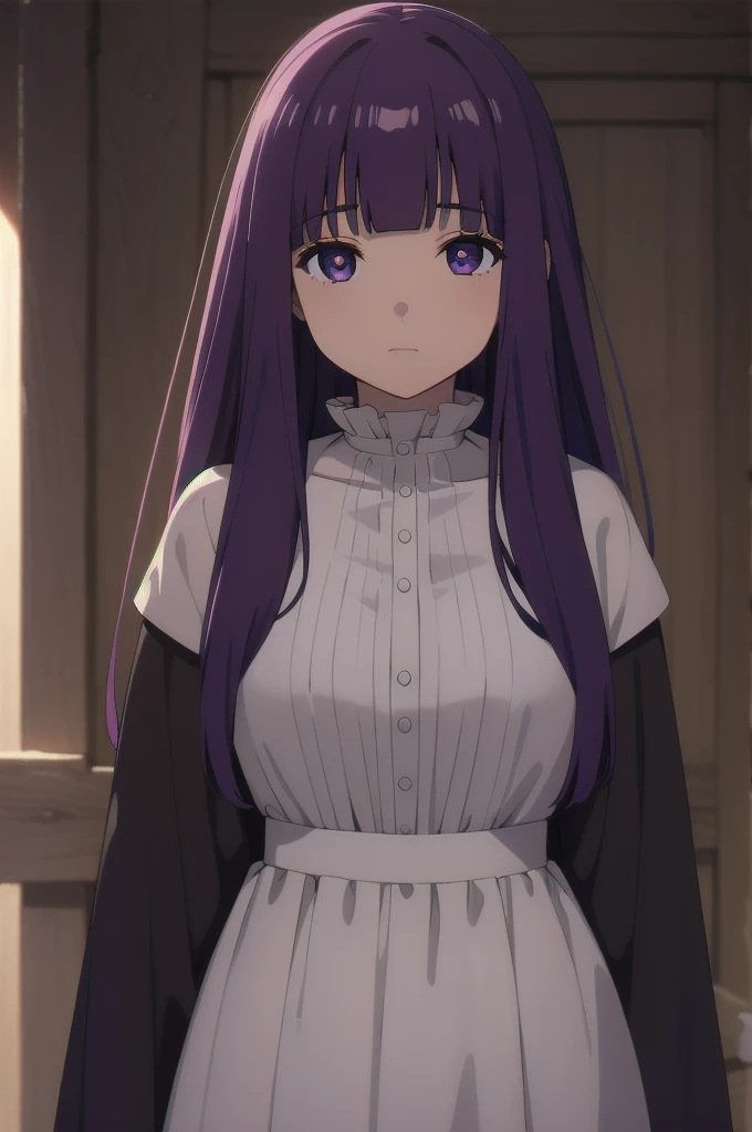 Is,One girl,alone,Purple hair,Long Hair,Purple eyes,Blunt bangs,Side Lock,Half Up,Bright Eyes,
hair ornaments,Ruffled collar,Black Robe,White Dress,Center frill,button,Wide sleeves,Long sleeve,Curvy,Cowboy Shot,, Amazing visuals, High resolution,masterpiece,Highest quality,, 20-year-old,young woman,Beautiful refers to,Beautiful long legs,Beautiful body,Beautiful nose,Beautiful character design, Perfect Eyes, perfect face,Expressive eyes,
View your viewers,
Official Art,Highly detailed CG Unity 8k wallpaper, Perfect lighting,colorful, bright_front_face_Lighting,Shiny skin, 
(masterpiece:1.0),(Highest_quality:1.0), 超High resolution,4K,Super detailed,
photograph, 8k, High resolution, High resolution, Absurd:1.2, 400 for Kodak Port, Film Grain, Blurred Background, Bokeh:1.2, Lens flare, (Vibrant_color:1.2), (beautiful_face:1.5),(narrow_Waist), ,Browsing Caution,