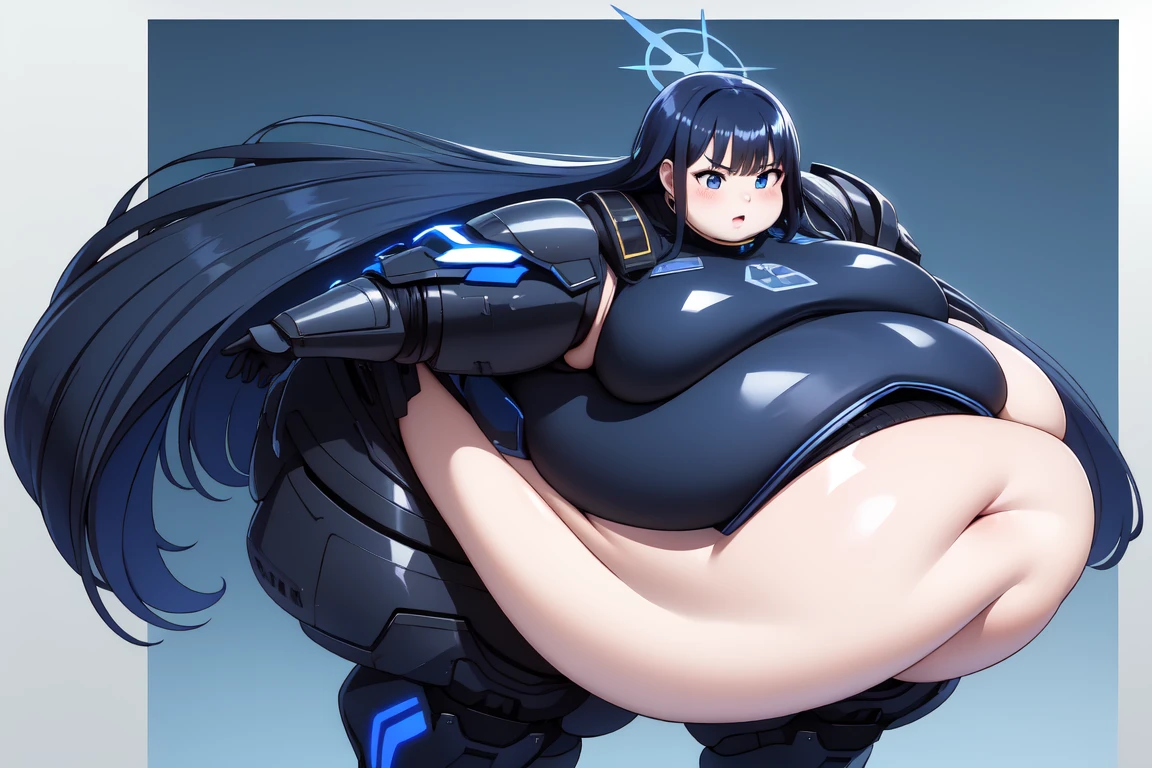 1girl,solo, saorijoumae, saori joumae, blue eyes, dark blue hair, halo, long hair, hof, black bodysuit with blue parts, ancient space ruins, hi-tech armor pieces, face, fat legs, fat arms,side boob