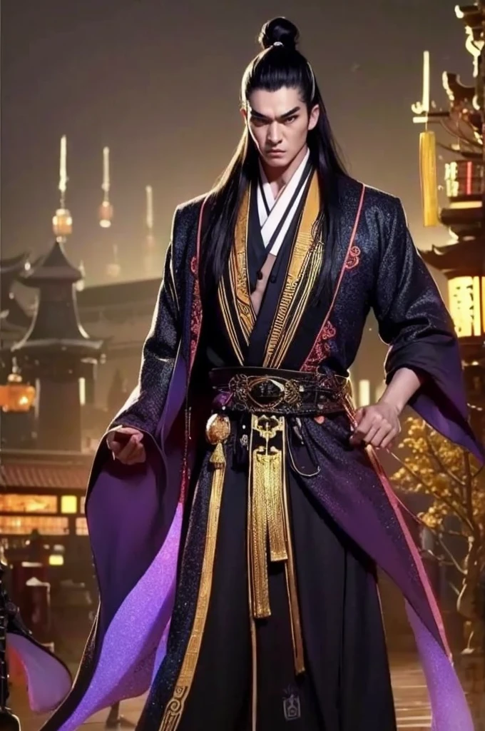 a man in a black robe, young and handsome man, ponytail, long hair, ancient Chinese clothing, qi, a huge saber, ancient Chinese buildings in the background, night, powerful character, purple rays, a beautiful landscape. Detailed face, thick eyebrows, black eyes, 8k, robe embroidered with gold edges, detailed clothing, xianxia, ​​world of cultivation.