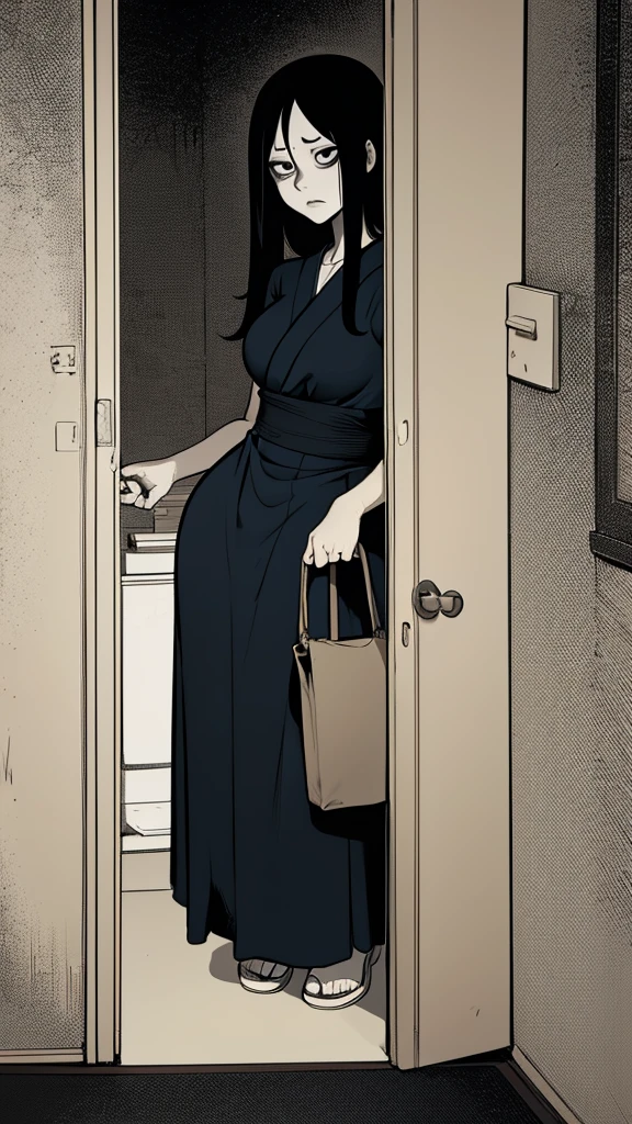Sadako looking behind a door from a dark ropm, puerta entreabierta, ju-on, curvy, horror, dark room, dark, tenebroso, miedo, thriller, filter below