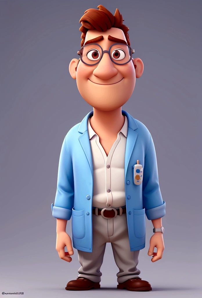 Cartoon character of a man with white glasses and a lab coat, Holding medicine, animation character, Caractere estilizado, animation style rendering, 3D estilizado, Arnold Maya rendering, Stylized 3D rendering, toon render screenshot, Personagem 3D, Personagem 3D, Stylized 3D rendering, 3D character rendering, personagem de desenho animado, Personagem de close up, Pose de personagem,  (Estilo Pixar) (parte mestre:1.2) (bokeh) (melhor qualidade) (pele detalhada) (textura detalhada) (8K) (argila) (cinematic lighting) (sharp focus