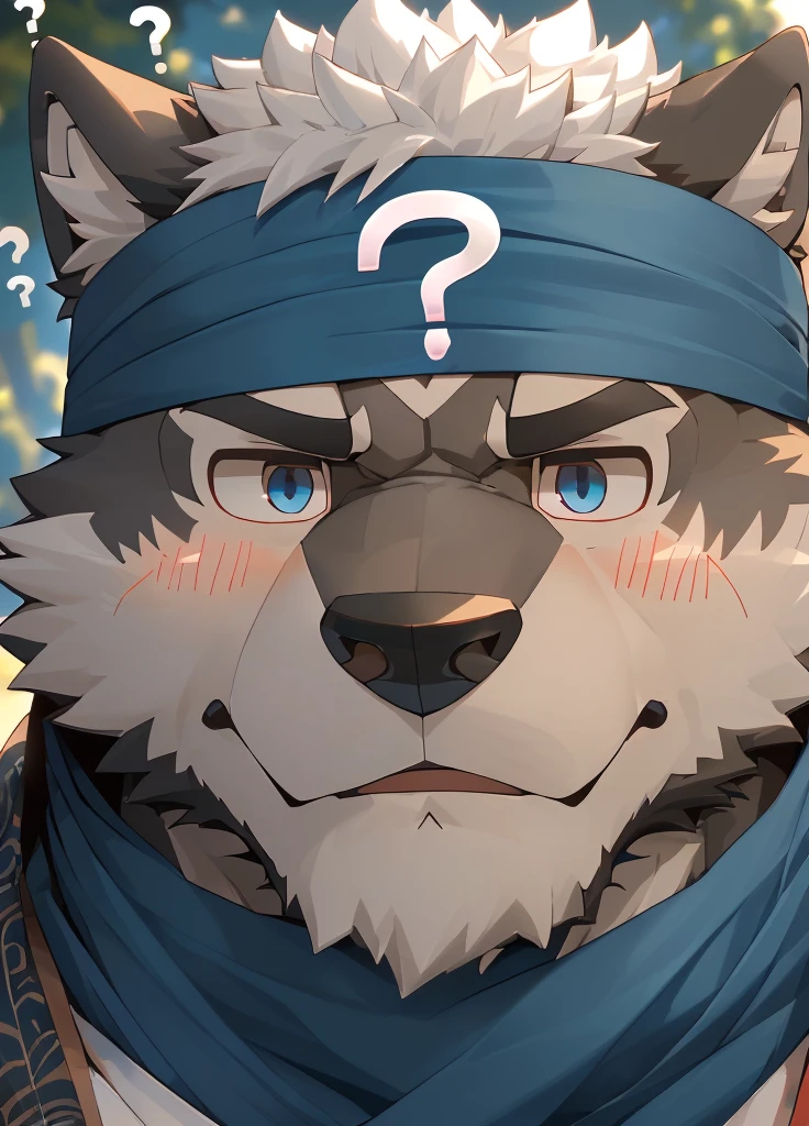 (masterpiece),(Very detailed),(best quality),hairy,Wolf,Dark black fur,white hair,Gray pupil,Muscular,(Japan samurai attire),((blue scarf)),((Brown headband)),(blush:1.1),(A puzzled expression:1.2),((question mark:1.3)),((Ultra HD close-up:1.4)),8K,(high quality),(Ultra high quality),(Super detailed),(Best Works)