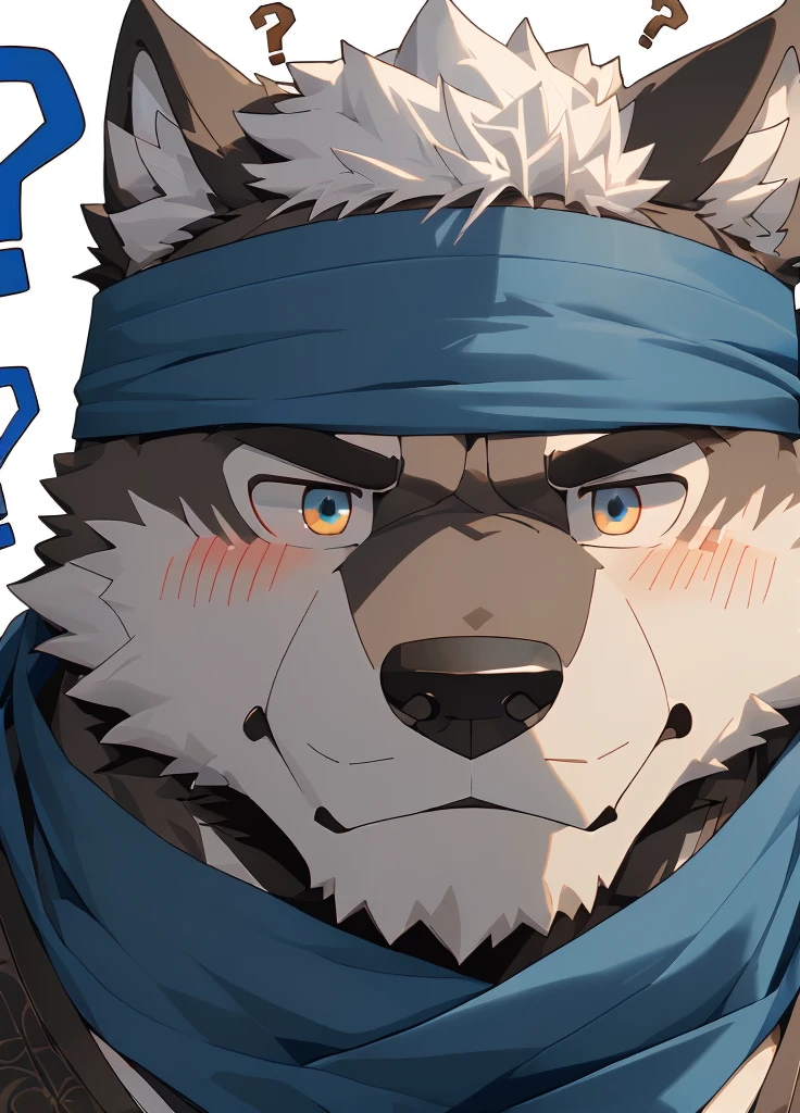(masterpiece),(Very detailed),(best quality),hairy,Wolf,Dark black fur,white hair,Gray pupil,Muscular,(Japan samurai attire),((blue scarf)),((Brown headband)),(blush:1.1),(A puzzled expression:1.2),((question mark:1.3)),((Ultra HD close-up:1.4)),8K,(high quality),(Ultra high quality),(Super detailed),(Best Works)