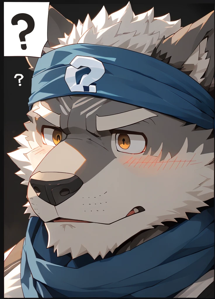 (masterpiece)，(Very detailed)，(best quality)，hairy，Wolf，Dark black fur，white hair，Gray pupil，Muscular，(Japan samurai attire)，((blue scarf))，((Brown headband))，(blush:1.1)，(A puzzled expression:1.2)，((question mark:1.3))，((Ultra HD close-up:1.4))，8K，(high quality)，(Ultra high quality)，(Super detailed)，(Best Works)
