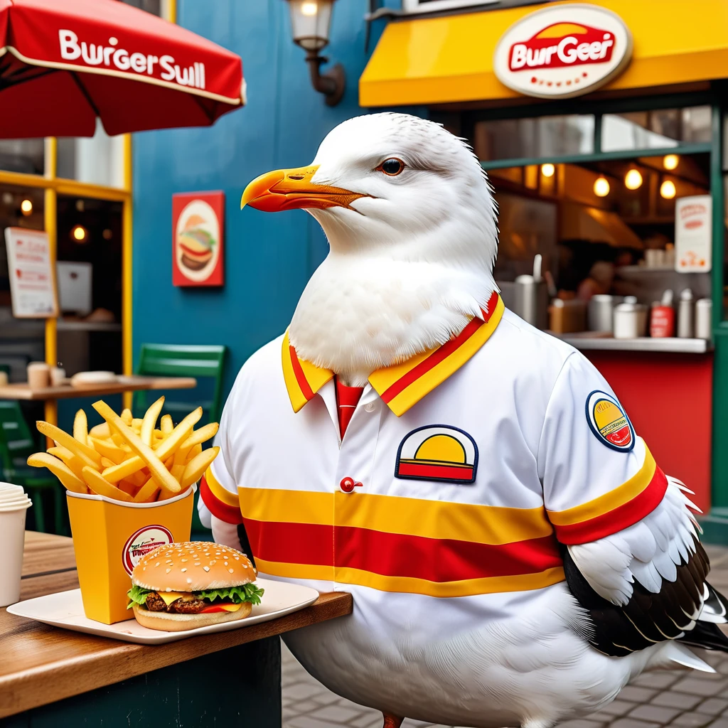 A seagull is wearing a burger shop uniform and frying fries