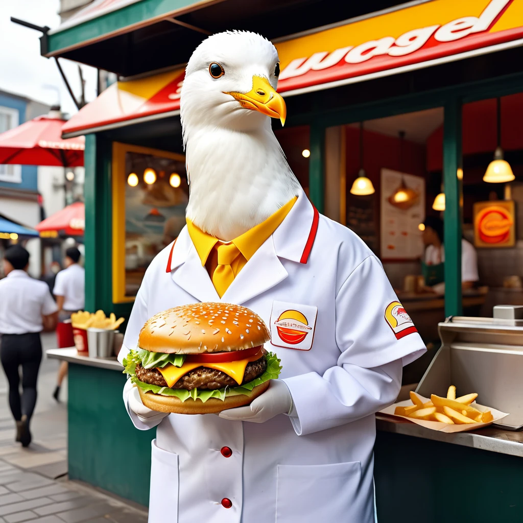 A seagull is wearing a burger shop uniform and frying fries
