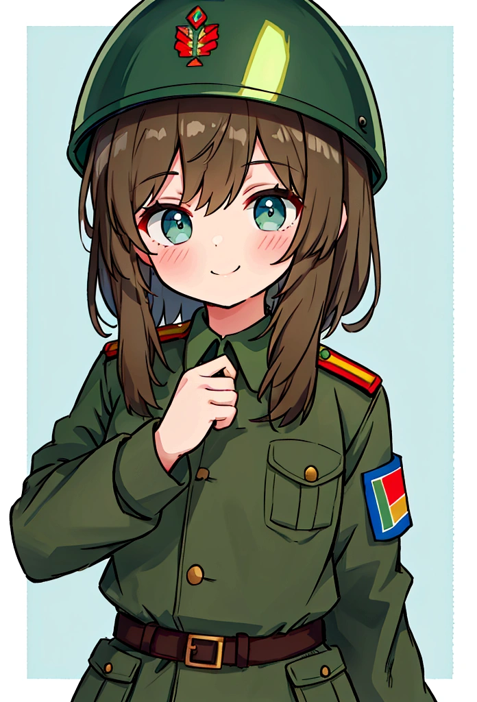 A brown haired soldier girl, ojos azules y piel blanca, with a green helmet and a Soviet light green jacket, soviet soldier girl smiling tenderly