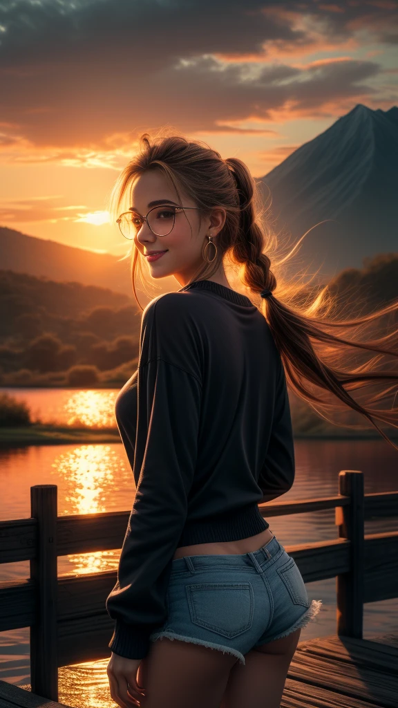 1girl, age22 blush, closed mouth, earrings, gradient, jewelry, long hair, long sleeves, short shorts, looking at viewer, solo, twin braids, upper body, black-framed eye wear, seductive smile, wind, floating hair, wavy hair, light smile, from behind, back, masterpiece, best quality, intricate details, sunset, a wooden dock leading to a lake with a mountain in the background at sunset or dawn with clouds in the sky, lake, a picture, neo-romanticism