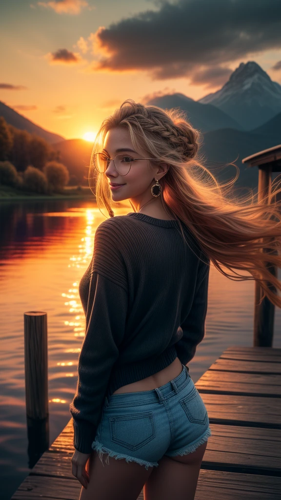 1girl, age22 blush, closed mouth, earrings, gradient, jewelry, long hair, long sleeves, short shorts, looking at viewer, solo, twin braids, upper body, black-framed eye wear, seductive smile, wind, floating hair, wavy hair, light smile, from behind, back, masterpiece, best quality, intricate details, sunset, a wooden dock leading to a lake with a mountain in the background at sunset or dawn with clouds in the sky, lake, a picture, neo-romanticism