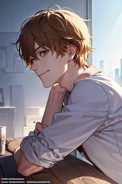 1boy, male_focus, short_hair, wilde_hair, (blonde_hair), solo, (masterpiece, top quality, best quality, official art), very detailed, colorful, most detailed, short hair, , handsome_man, wavy_hair, (upper_body), ((side_view, looking_at_viewer)), ((smirk)), closed_mouth, ken kaneki, artwork in the style of guweiz, best anime 8k konachan wallpaper, hajime yatate, in an anime style, satoru gojo, denji