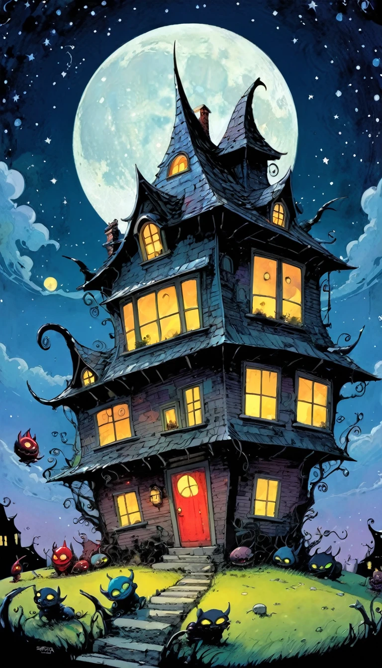 hellish house with a life of its own, large, very detailed, among the small houses in the village of funny little demons, impressive landscape, funny little demons, magical, fantastic, night sky, moon, stars, cute, adorable, background, (demon houses (art inspired by Skottie Young and Bill Sienkiewicz).