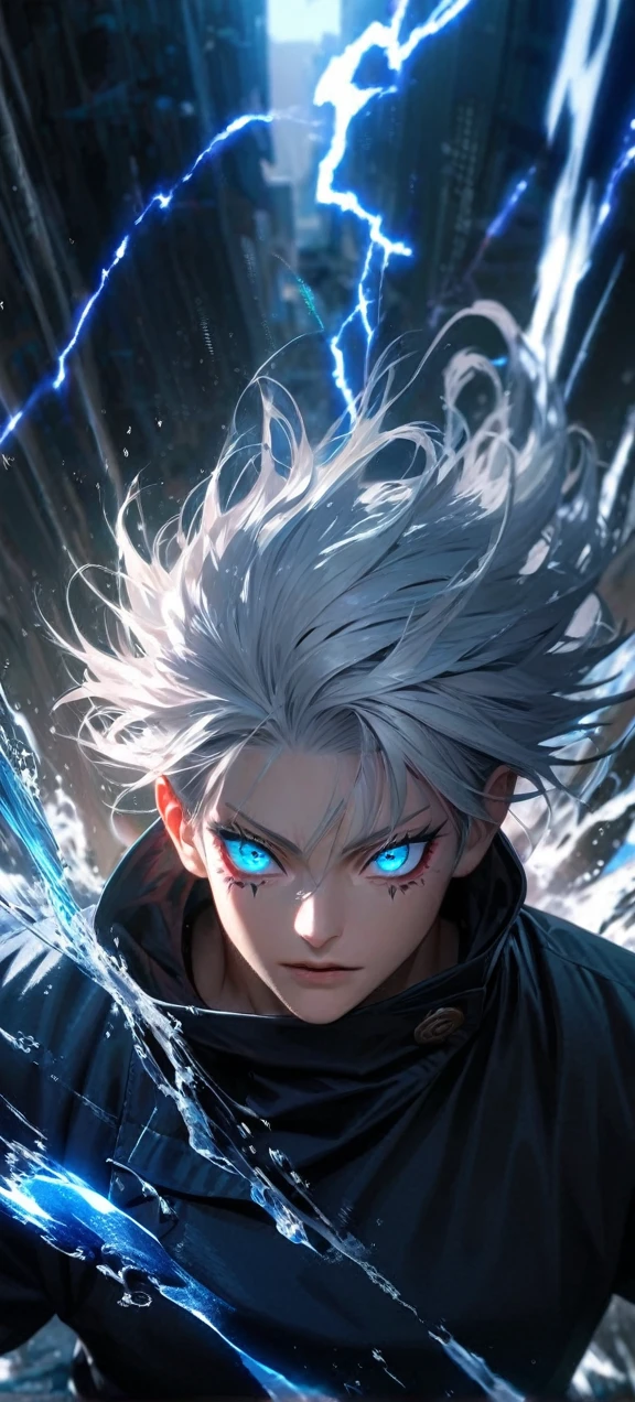High quality, ultra realistic,absurdres, highres, ultra detailed, HDR, masterpiece, extremely detailed face and eyes, Gojo satoru , jujutsu kaisen,, white hair ,black shirt , solo, ,man, handsome, ,white eyeleshes, blue eyes , Epic fight scene, blue splashing effect,blue lightning effect,glowing glitters , close up,cool eyes, symetrical