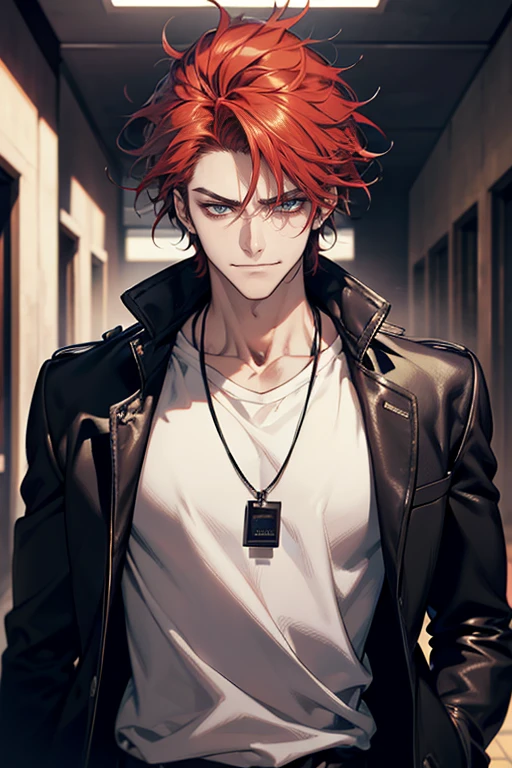 (tmasterpiece, high resolution, ultra - detailed:1.0), (1 male, masculine face), Perfect male body, Adult male, Delicate eyes and delicate face, Extremely detailed CG, Unity 8k wallpaper, Complicated details, Detailed face, (red hair, messy hair, smile faces, white T-shirt,Bad students), (frown,evil smile:1.3), hand in pocket, school corridor,black leather jacket, color difference, Depth of field, dramatic shadow, Ray tracing, Best quality, Cinematic lighting, offcial art,Portrait