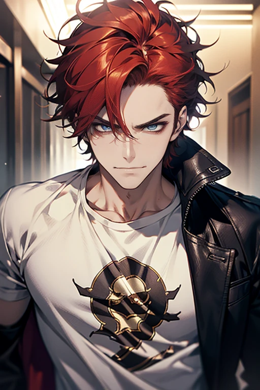 (tmasterpiece, high resolution, ultra - detailed:1.0), (1 male, masculine face), Perfect male body, Adult male, Delicate eyes and delicate face, Extremely detailed CG, Unity 8k wallpaper, Complicated details, Detailed face, (red hair, messy hair, smile faces, white T-shirt,Bad students), (frown,evil smile:1.3), hand in pocket, school corridor,black leather jacket, color difference, Depth of field, dramatic shadow, Ray tracing, Best quality, Cinematic lighting, offcial art,Portrait
