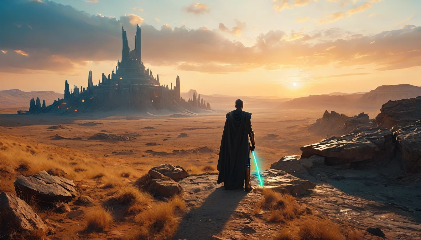 View a vast desert landscape bathed in golden twilight, evoking the iconic Star Wars look. No centro da cena, a Jedi in a flowing cape stands silhouetted against the orange sky, your glowing blue lightsaber in your hand, pronto para enfrentar qualquer desafio. The ruins of an ancient civilization rise majestically in the background, and the remains of a fallen AT-AT adorn the landscape. The atmosphere is charged with expectation, as if an epic battle was about to begin.hyper realistic composition,32k resolution,cinematic composition,cinematic color grading.photography whit Phaseone 85mm,death of field lens.
