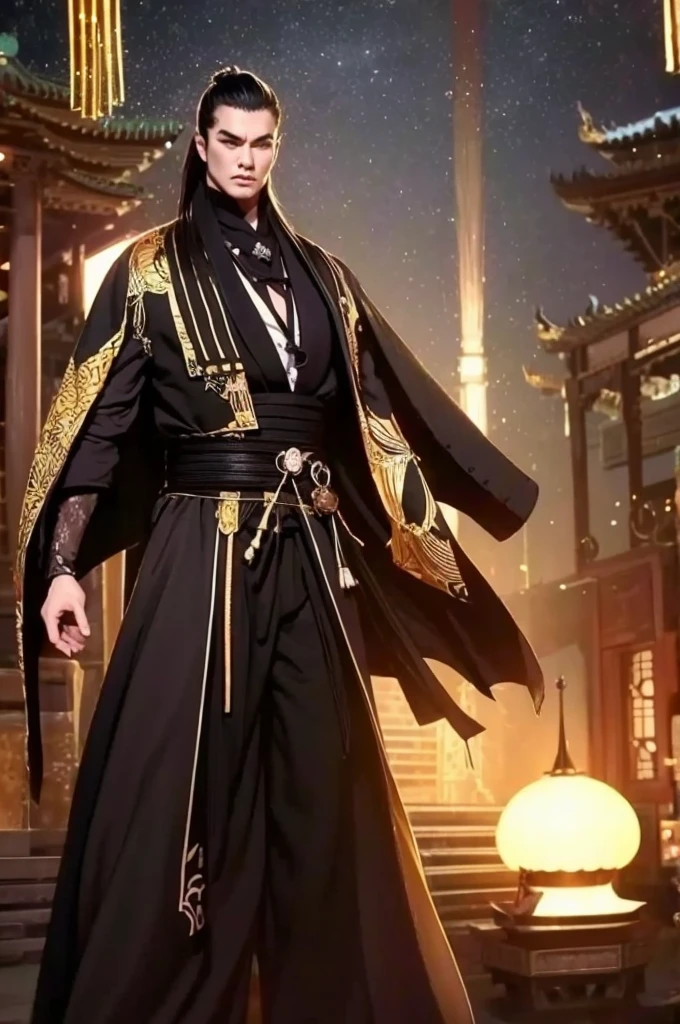 a man in a black robe, young and handsome man, ponytail, long hair, ancient Chinese clothing, qi, a huge saber, ancient Chinese buildings in the background, night, powerful character, purple rays, a beautiful landscape. Detailed face, thick eyebrows, black eyes, 8k, robe embroidered with gold edges, detailed clothing, xianxia, ​​world of cultivation.