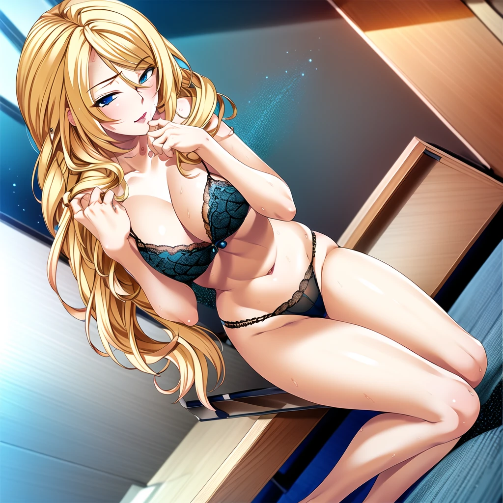 blonde hair, blue eyes, 
(masterpiece:1.2), best quality, game cg,highly_detailed,extremely_detailed_CG_unity_8k_wallpaper,illustration,highres,absurdres,pov, window shade, light particles,
(1girl), (portrait), classroom, (teacher:1.3), 
Beautiful Finger,Beautiful long legs,Beautiful body,Beautiful Nose,Beautiful character design, lingerie