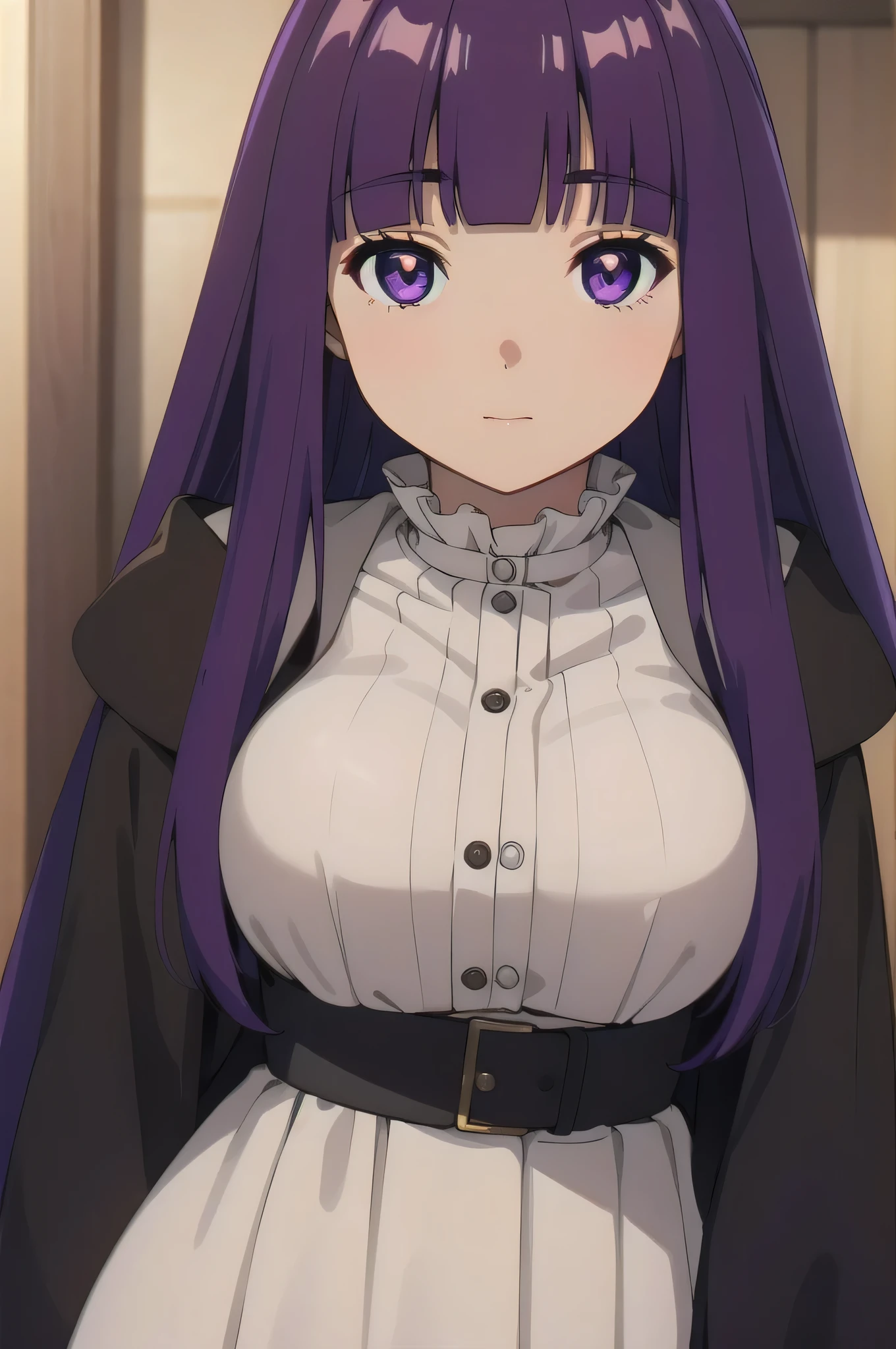 Is,One girl,alone,Purple hair,Long Hair,Purple eyes,Blunt bangs,Side Lock,Half Up,Bright Eyes,
hair ornaments,Ruffled collar,Black Robe,White Dress,Center frill,button,Wide sleeves,Long sleeve,Curvy,Cowboy Shot,, Amazing visuals, High resolution,masterpiece,Highest quality,, 20-year-old,young woman,Beautiful refers to,Beautiful long legs,Beautiful body,Beautiful nose,Beautiful character design, Perfect Eyes, perfect face,Expressive eyes,
View your viewers,
Official Art,Highly detailed CG Unity 8k wallpaper, Perfect lighting,colorful, bright_front_face_Lighting,Shiny skin,
(masterpiece:1.0),(Highest_quality:1.0), 超High resolution,4K,Super detailed,
photograph, 8k, High resolution, High resolution, Absurd:1.2, 400 for Kodak Port, Film Grain, Blurred Background, Bokeh:1.2, Lens flare, (Vibrant_color:1.2), (beautiful_face:1.5),(narrow_Waist), ,Browsing Caution,