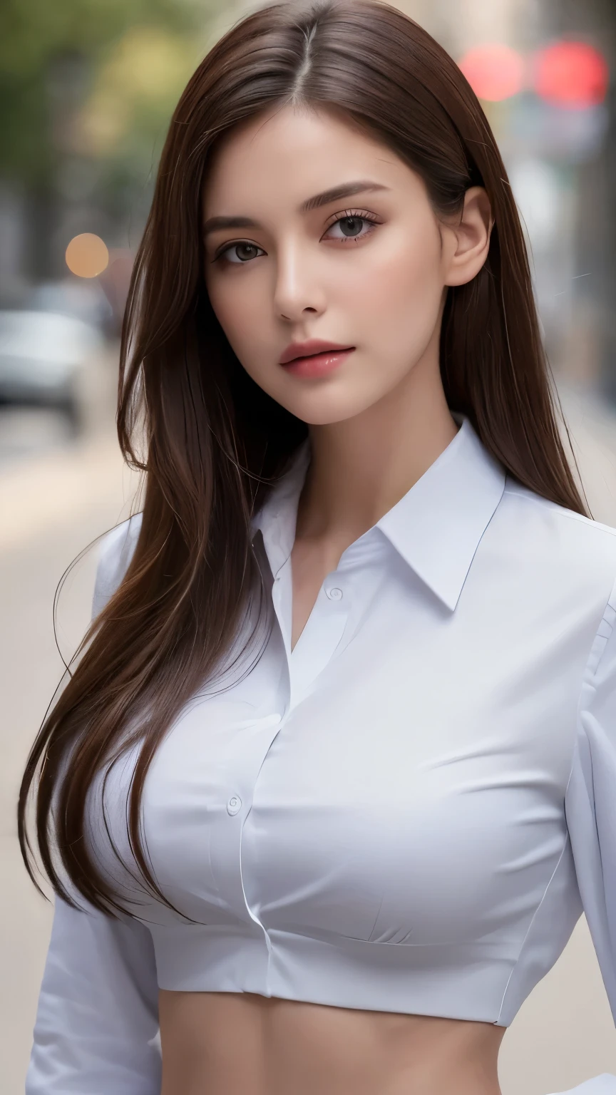 ((Highest quality, 8k, masterpiece :1.3)), Sharp focus :1.2, Beautiful woman with perfect figure :1.4, Slim Abs :1.2, ((Dark brown hair, :1.2)), (White button-up long shirt :1.1), City Street:1.2, Highly detailed face and skin texture, Fine grain, double eyelid、Large Breasts、Cleavage、bra